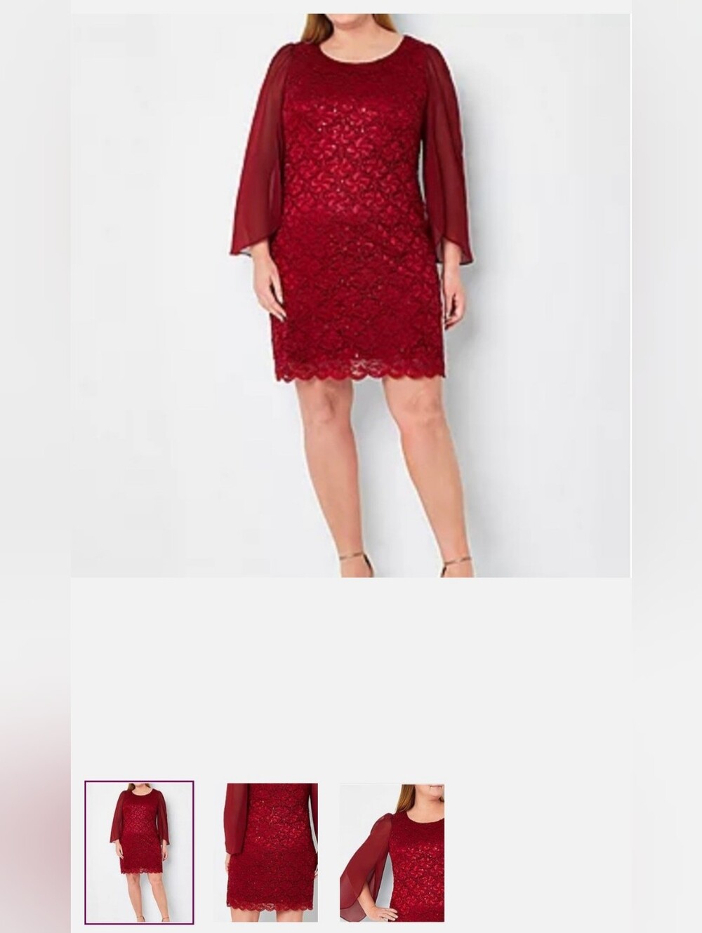 Connected Apparel Lace Sheath Sequins Dress with Chiffon Sleeves - Red